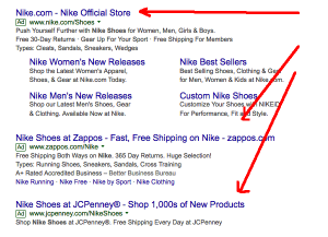Pay per click ads in Google, showing Zappos PPC ads.