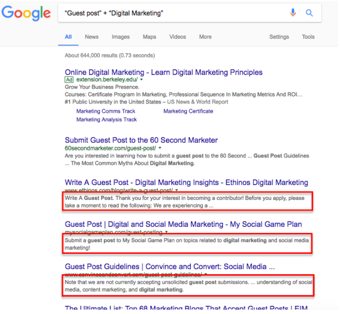Search queries for guest posting in the digital marketing niche.