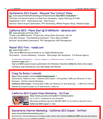 Screenshot of onpoint internet marketing serp positions.