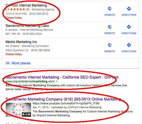 Local SERP for onpoint internet marketing ranking locally with map, organic and video.