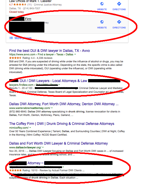 Local attorney ranking with many positions in Google.