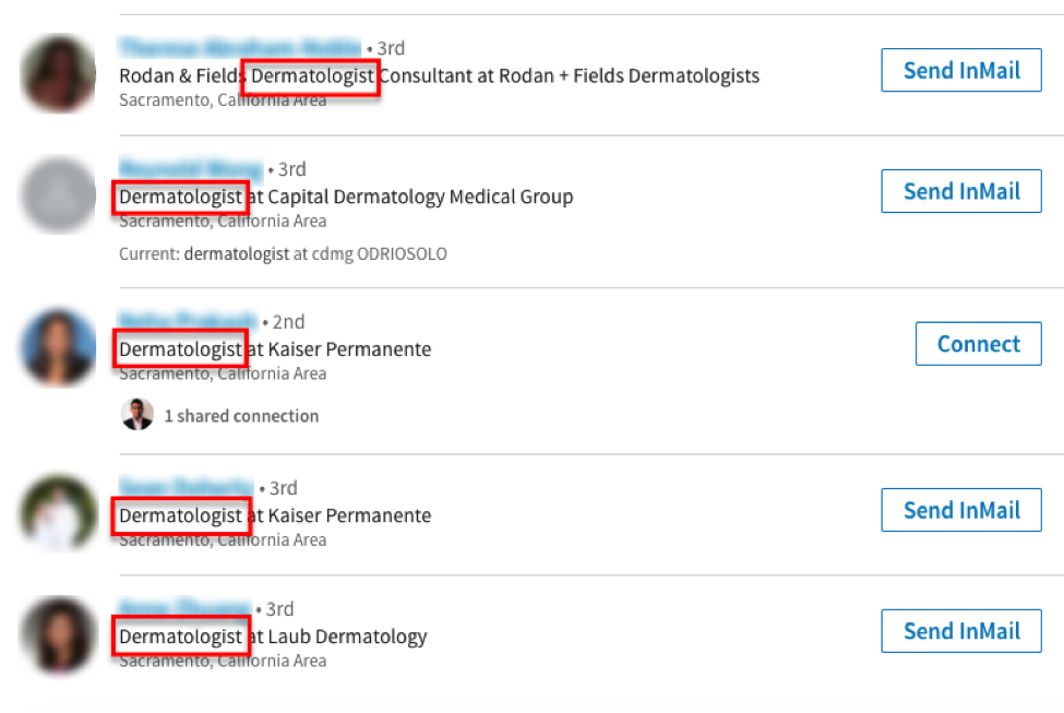 Screenshot of LinkedIn search results for dermatologists.