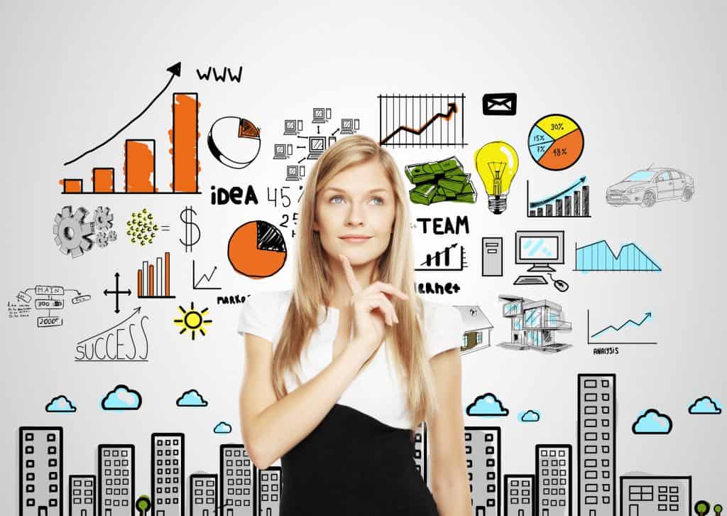 Business woman thinking of different marketing ideas.