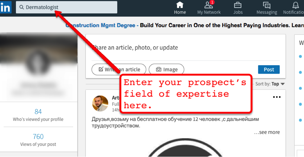 Linkedin search bar seeking dermatologist.