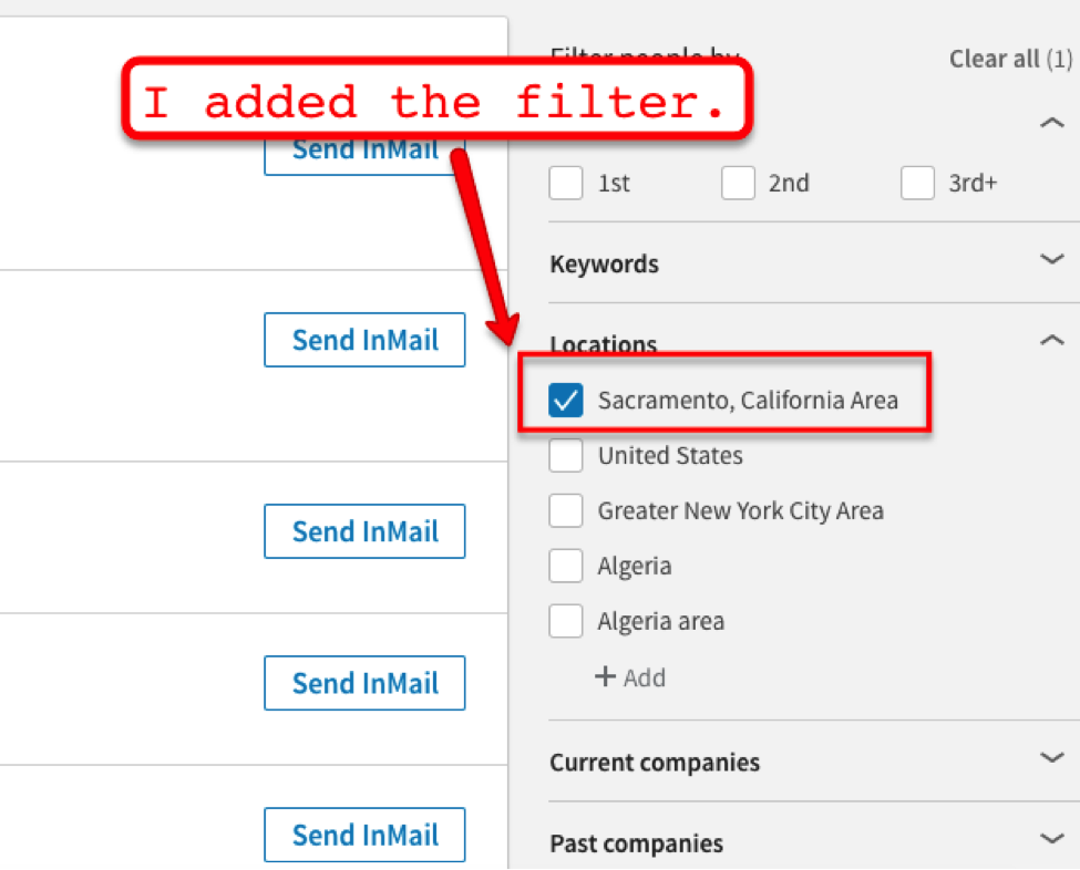 Screenshot of LinkedIn search filter using Sacramento, California.