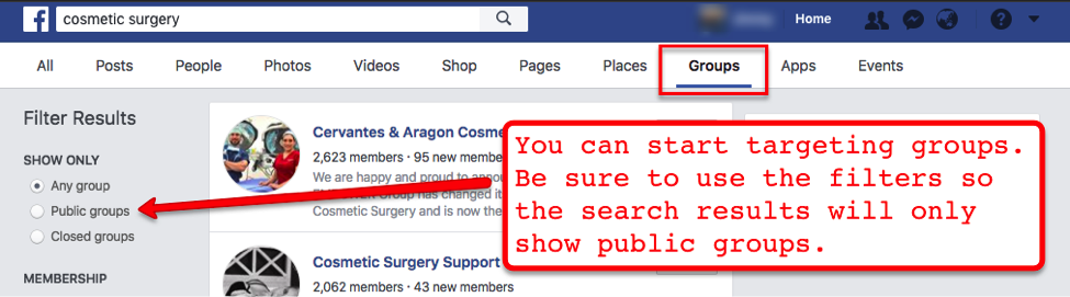 Illustration of how to find groups by topic in Facebook.