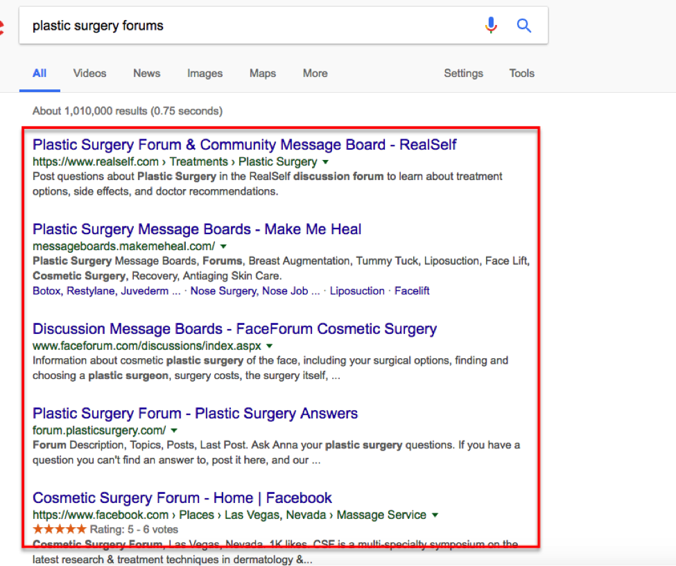 Screenshot of Google search results for plastic surgery forums.
