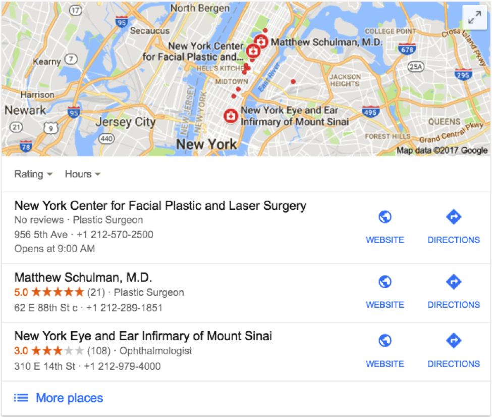 Screenshot of Google map results for local surgeons.