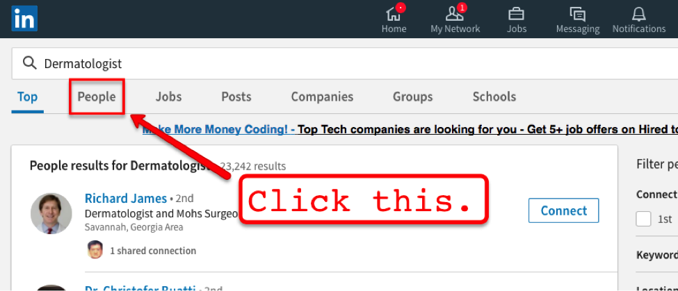 Using LinkedIn search to find people.